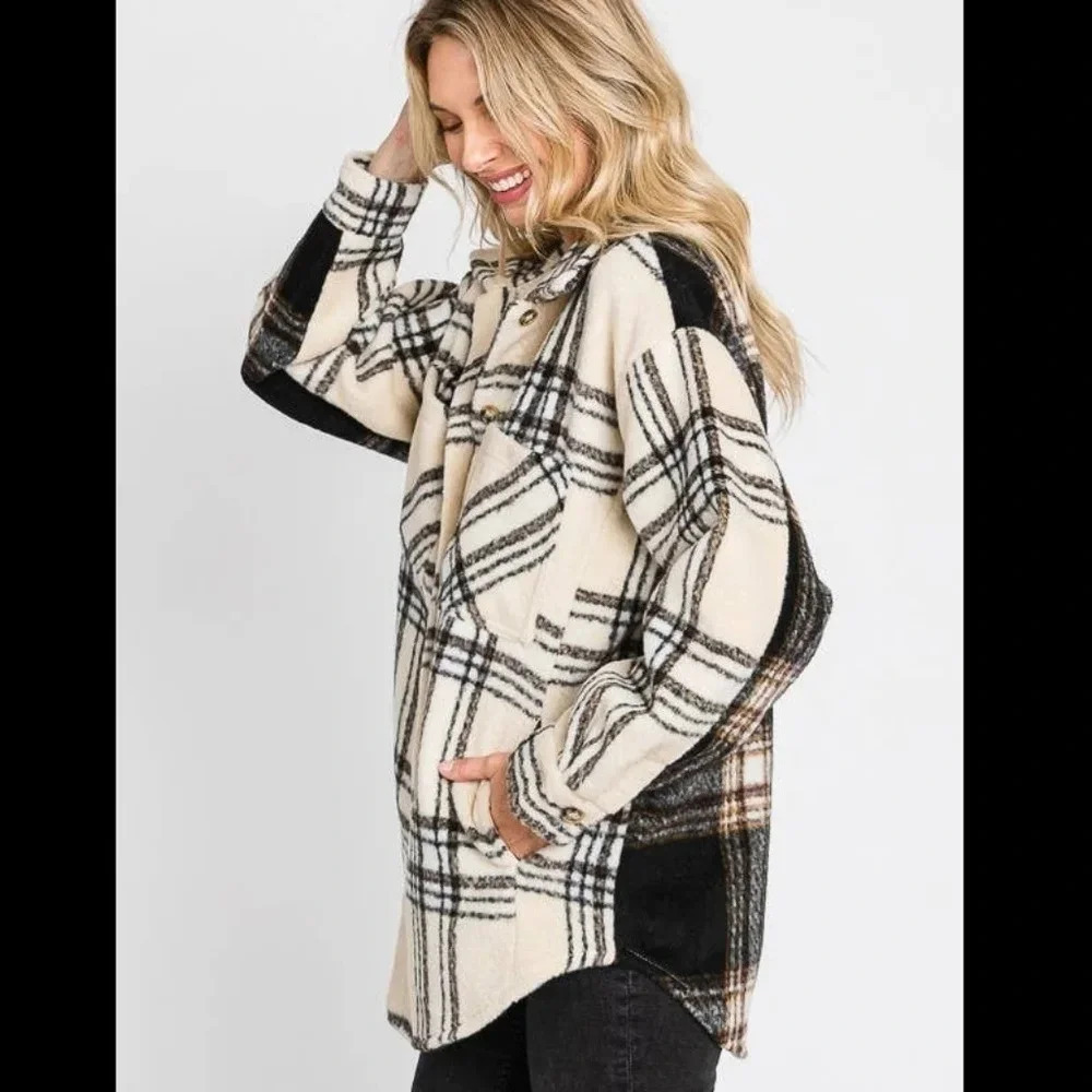 Ivory & Black Plaid Shacket With Pockets New